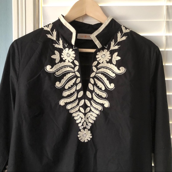 tory burch | embroidered long sleeve tunic top size 8 black v neck white beads - Picture 2 of 10